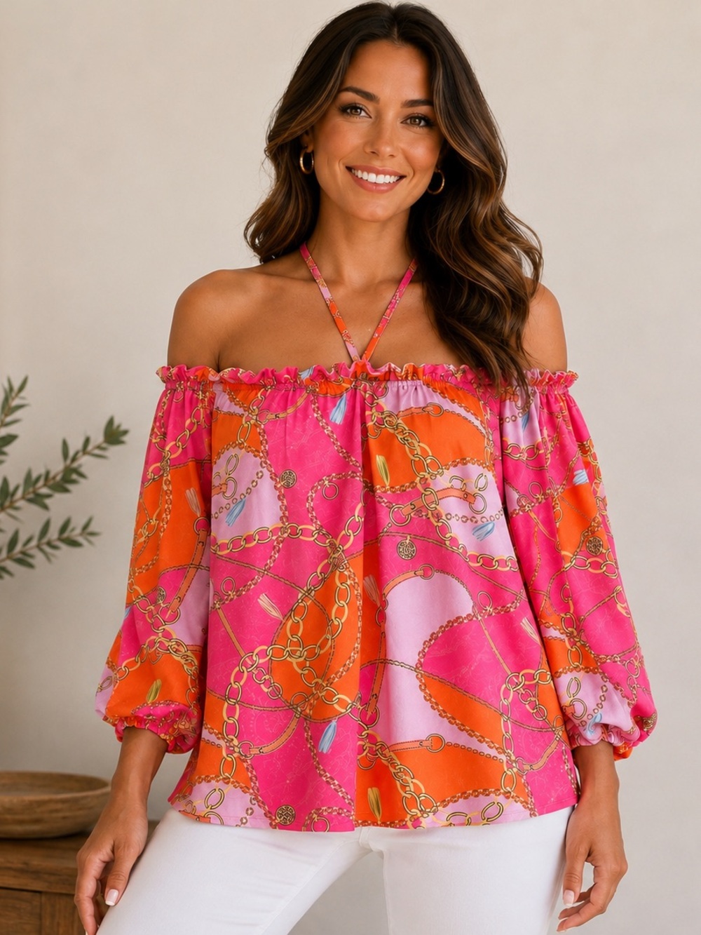 Julian Chang Wilson Top Pink Caprice Chain Print Off Shoulder Blouse Size Medium